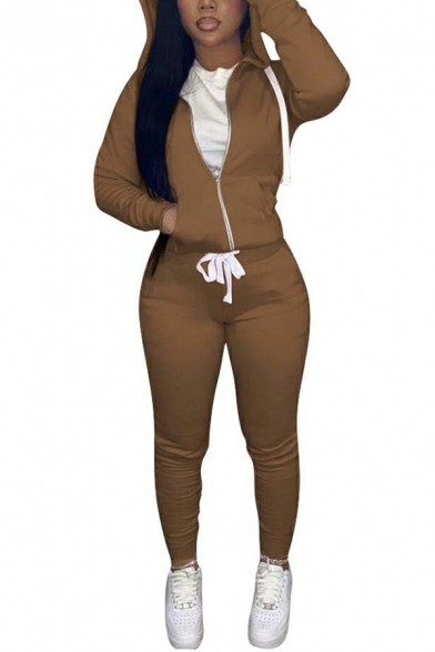 Ladies Stylish Solid Long Sleeves Zip Placket Hoodie with Slimming Pants Drawstring Set