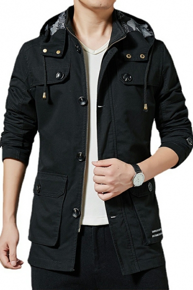 Men Popular Whole Colored Pocket Long Sleeve Hooded Drawcord Fitted Button Down Jacket