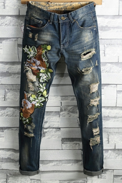Punk Style Men's Jeans Ripped Tiger Embroidery Slim Fit Denim Trousers