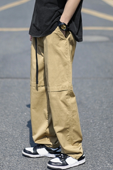 Retro Solid Color Mid Waist Loose Fit Belt Zip Placket Cargo Pants for Men