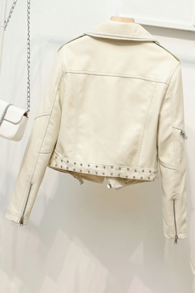 Vintage Girls Plain Lapel Collar Pocket Long Sleeve Regular Beading Zip Fly Leather Coat