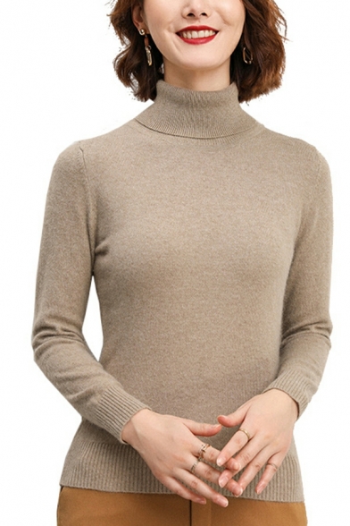 Vintage Ladies Plain Ribbed Hem Turtle Neck Skinny Long Sleeves Knitted Top