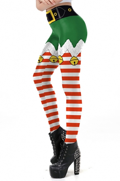 Women Basic 3D Christmas Pattern Elastic Waist Slim Fitted Long Length High Rise Pants
