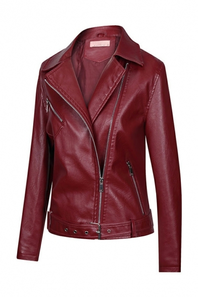 Women Pop Solid Color Pocket Lapel Collar Long Sleeves Zip Fly Skinny Leather Jacket