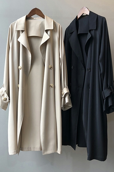 Women Street Look Pure Color Lapel Collar Long Sleeve Double Breasted Trench Coat