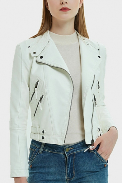 Casual Girls Plain Pocket Design Lapel Collar Long-Sleeved Fitted Zipper Leather Jacket