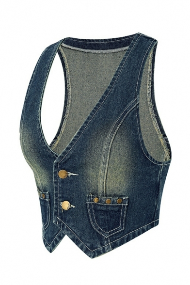 Casual Whole Colored Sleeveless V Neck Double Buttons Crop Denim Vest for Women