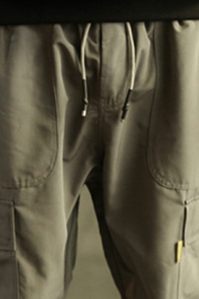 Edgy Men Solid Long Length Loose Fit Flap Pocket Drawcord Waist Cargo Pants