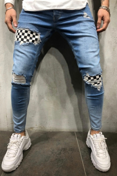 Freestyle Plaid Pattern Ripped Decoration Mid Rise Skinny Zip-up Jeans for Boys