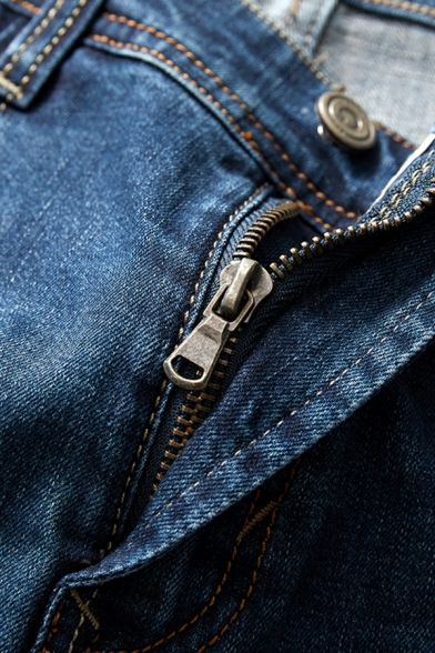 Men Boyish Pure Color Pocket Decoration Mid Rise Straight Zipper Jeans