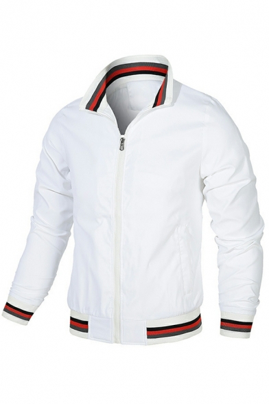 Men Classic Contrast Stripe Pocket Long-Sleeved Stand Collar Skinny Zip Closure Jacket
