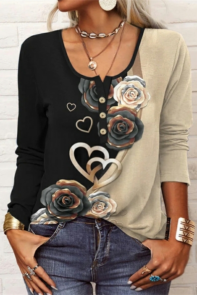Novelty 3D Floral Pattern Scoop Neck Long Sleeves Button Designed Tee Shirt for Girls