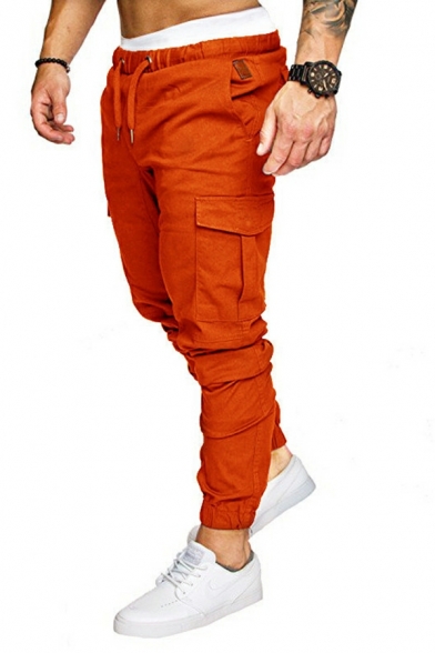 Simple Men Pants Solid Color Drawcord Waist Flap Pocket Skinny Cargo Pants