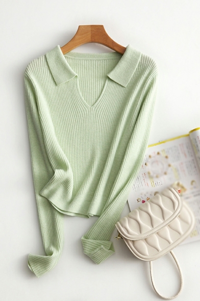 Simple Womens Solid Color V Neck Long Sleeve Slim Fitted Knitted Top