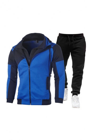 Sporty Contrast Color Long Sleeve Drawstring Zip-up Hoodie & Pants Two Piece Set for Men