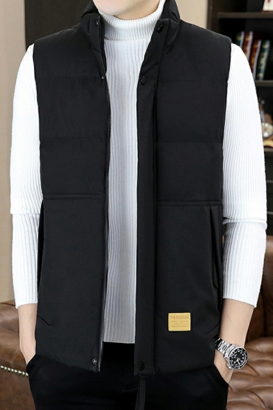 Street Look Guy's Pure Color Pocket Design Stand Collar Regular Button Up Vest