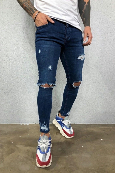 Urban Jeans Whole Colored Skinny Full Length Mid Rise Broken Hole Zip Fly Jeans for Men