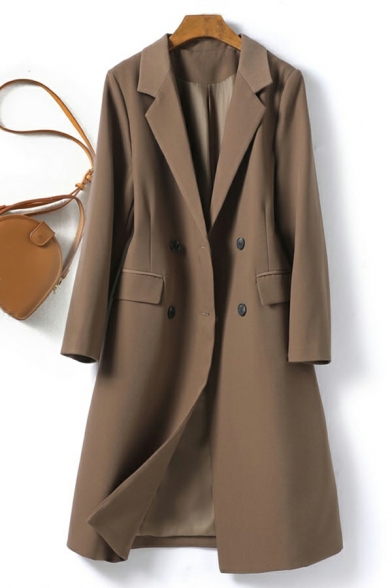 Vintage Girl's Pure Color Lapel Collar Flap Pocket Long Sleeve Double Breasted Trench Coat