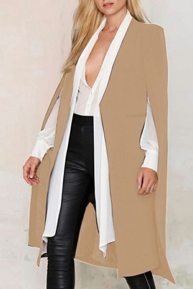 Women Freestyle Whole Colored Open Front Long Sleeves Split Cloak Trench Coat