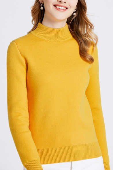 Women Leisure Pure Color High Neck Long Sleeves Rib Hem Fitted Knitted Top