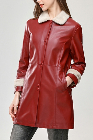 Women Pop Contrast Color Pocket Spread Collar Long Sleeves Button Fly Leather Jacket