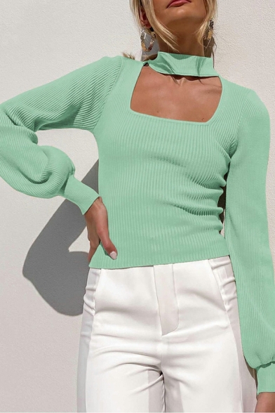 Women Trendy Stand Collar Hollow Out Lantern Long-sleeved Regular Fit Knitted Top