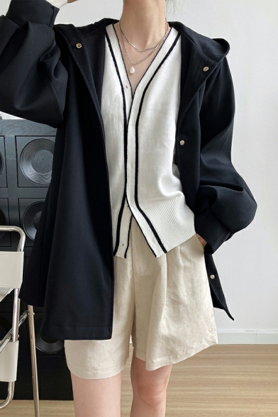 Women Urban Solid Hooded Collar Belt Long-Sleeved Loose Fit Button Placket Trench Coat