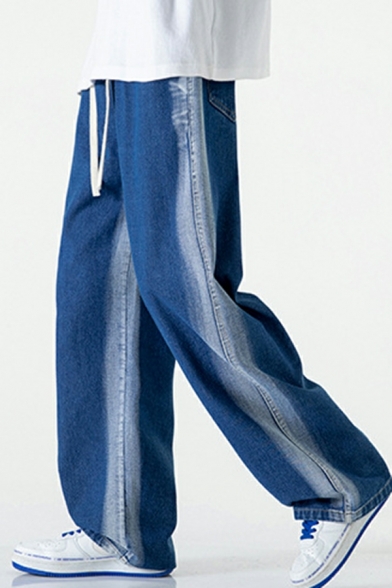 Boys Fancy Color Block Pocket Designed Mid Waist Long Length Loose Fit Drawstring Jeans