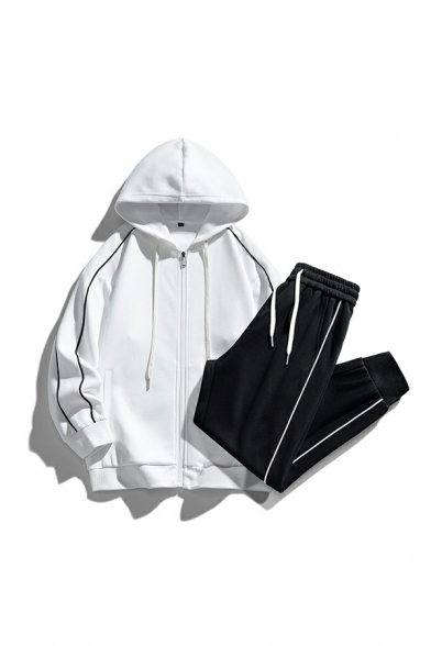 Casual Stripe Print Long Sleeve Baggy Hoodie with Pants Drawstring Two Piece Set for Men