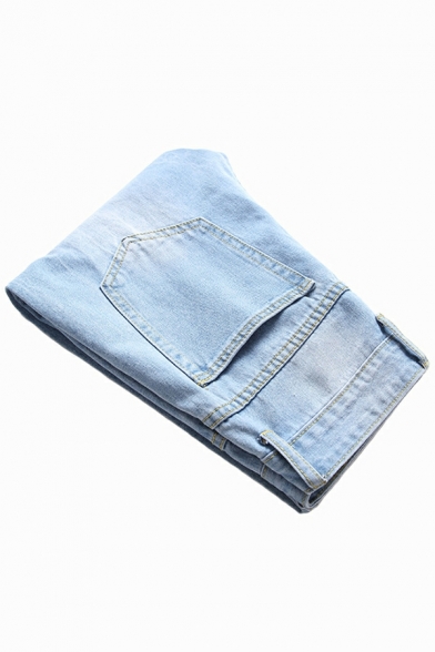 Elegant Plain Distressed Designed Mid Rise Straight Full Length Zip Placket Jeans for Men