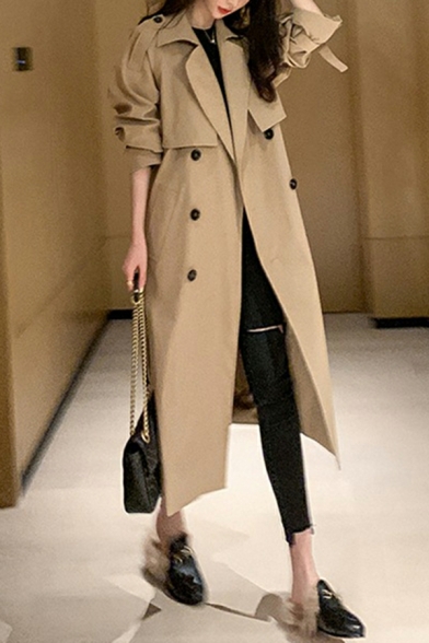 Elegant Plain Pocket Lapel Collar Loose Long Sleeve Double Breasted Trench Coat for Ladies