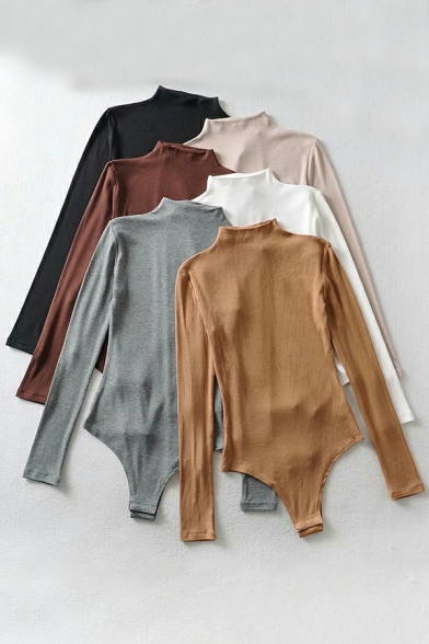 Enchanting Women Solid Color Stand Neck Long Sleeve Skinny Bodysuit