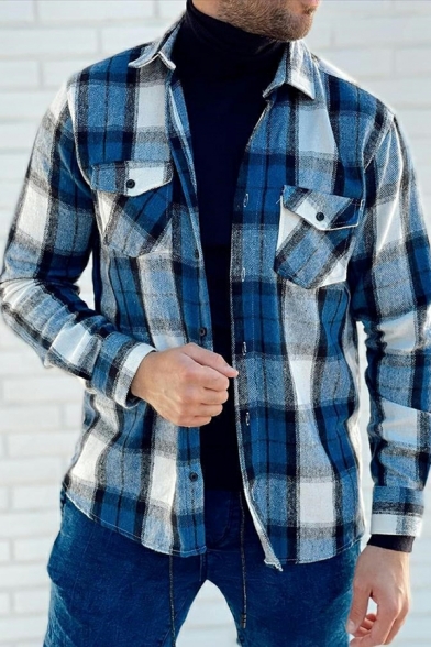 Hot Guy's Plaid Pattern Pocket Long Sleeve Regular Turn-down Collar Button Fly Jacket