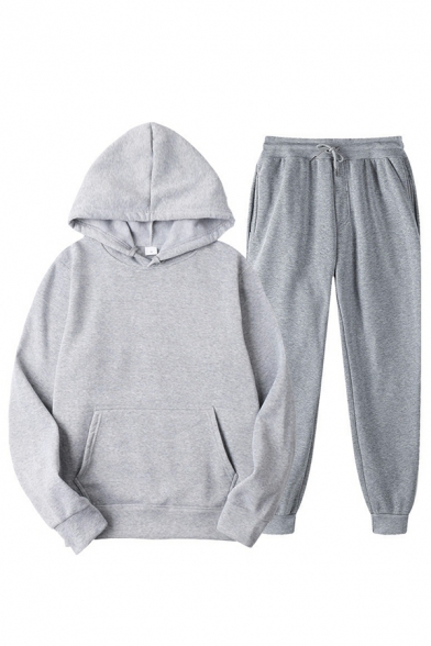 Hot Guy's Solid Hooded Long Sleeve Pocket Baggy Hoodie with Pants Drawstring Two Piece Set