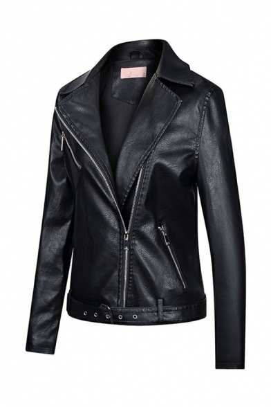 Ladies Casual Plain Pocket Design Lapel Collar Long-Sleeved Slim Zip Placket Leather Coat