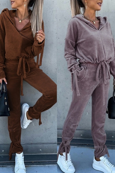 Modern Women Plain Long Sleeves Drawstring Sweatshirt & Elastic Waist Pants Co-ords