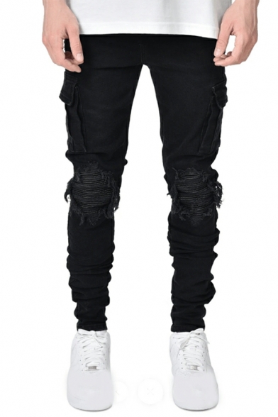 Street Look Boys Solid Color Mid Rise Full Length Skinny Ripped Design Zip Up Jeans