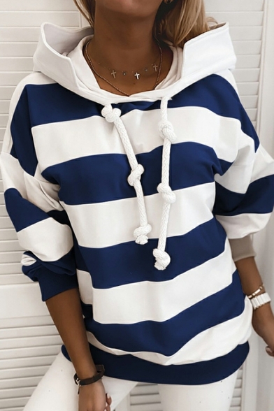 Street Look Womens Striped Print Long Sleeve Regular Hooded Drawstring Hoodie