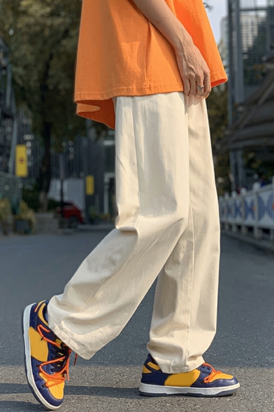 Street Style Guys Pure Color Pocket Designed Mid Rise Loose Fitted Elastic Waist Pants