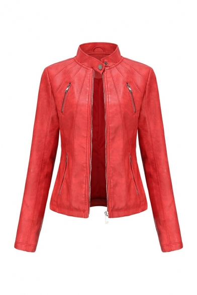 Autumn Short Leather Coat Ladies Long Sleeve Stand Collar Zipper Pocket Slim Leather Coat