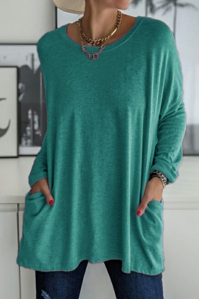 Basic Women Plain Long-sleeved Pocket Front Round Neck Loose Fitted Tee Top
