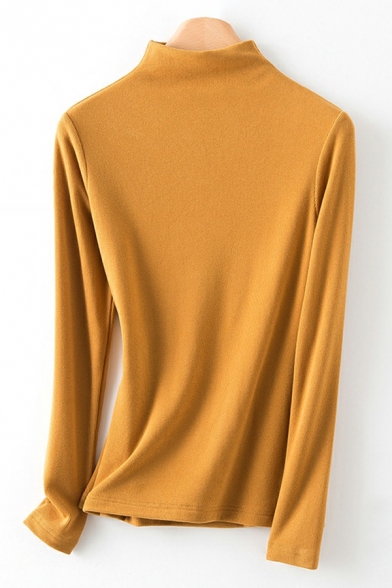 Cozy Pure Color High Neck Fitted Long-sleeved Knitted Top for Ladies