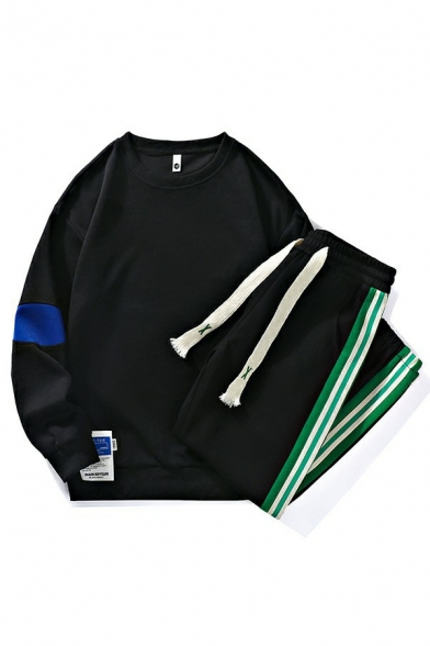 Creative Men Color Block Long-sleeved Crew Neck Sweatshirt with Drawcord Striped Pants Set