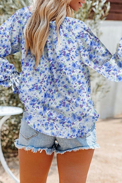 Edgy Floral Print V-neck Fitted Drawstring Long Sleeves Button Down Shirt for Women