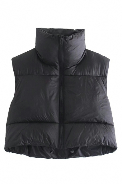 Girlish Ladies Stand Neck Pure Color Front Pocket Regular Fitted Zip down Crop Vest