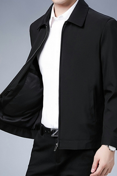 Guy's Vintage Pure Color Pocket Designed Long Sleeve Spread Collar Zip Placket Jacket