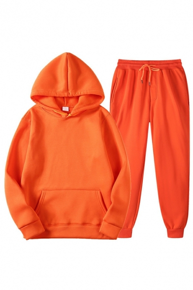 Hot Guy's Solid Hooded Long Sleeve Pocket Baggy Hoodie with Pants Drawstring Two Piece Set