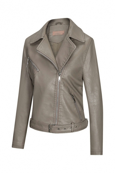 Ladies Casual Plain Pocket Design Lapel Collar Long-Sleeved Slim Zip Placket Leather Coat