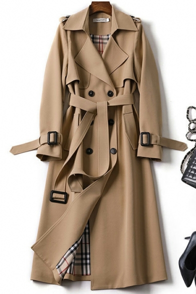 Ladies Modern Plain Plaid Lined Lapel Collar Long Sleeves Belt Double Breasted Trench Coat