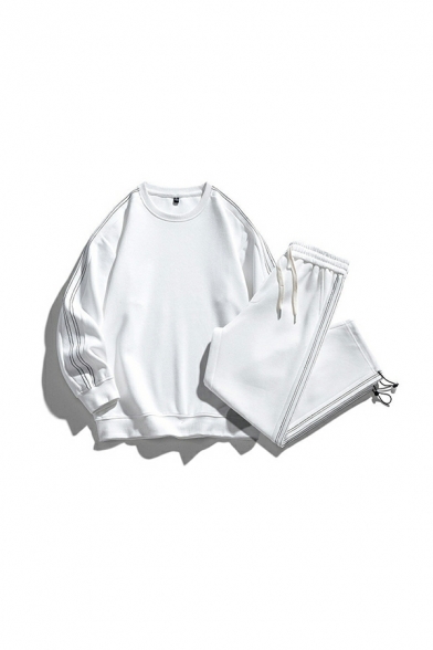 Men Plain Long Sleeve Round Neck Baggy Sweatshirt with Drawstring Pants Two Piece Set